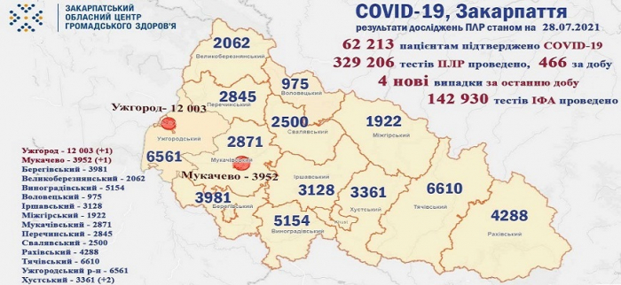 COVID-19 на Закарпатті: 4 нові випадки, 2 людей одужало