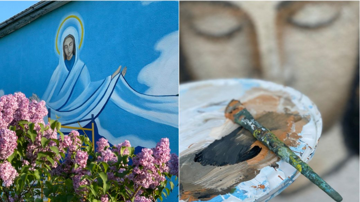 На Закарпатті художниця з Харкова створила патріотичний мурал "Україна — під омофором божої матері"