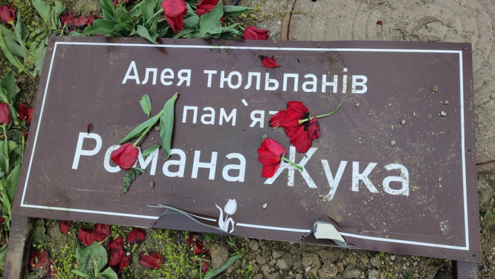 Чоловік, який пошкодив алею тюльпанів пам'яті полеглого на війні Романа Жука, відшкодує збитки