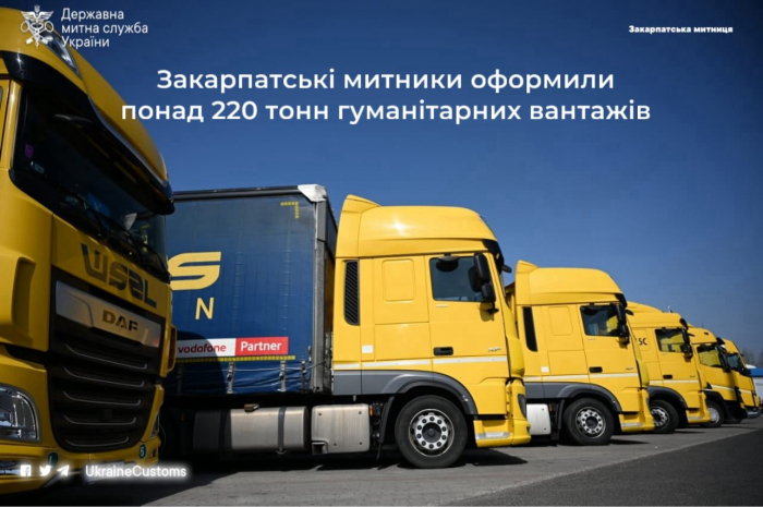 221 тис тонн гуманітарних вантажів, направлених в Україну під час війни, оформили закарпатські митники
