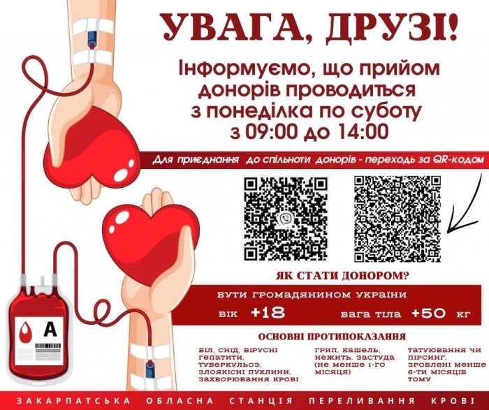 Закарпатська обласна станція переливання крові повідомляє про ГОСТРУ потребу в донорах крові усіх груп

