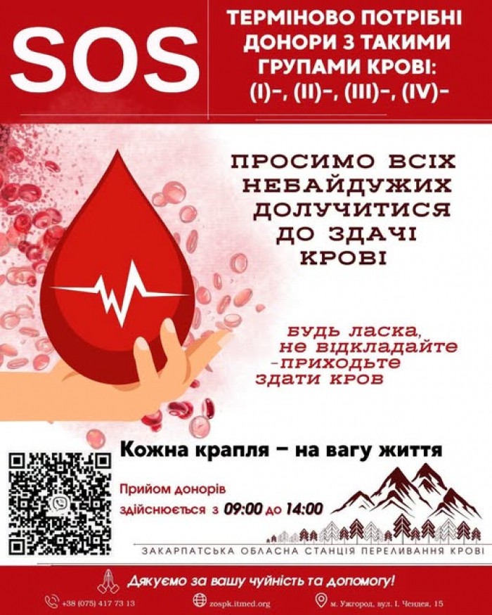 Закарпатській обласній станції переливання крові терміново потрібні донори з негативним резус-фактором